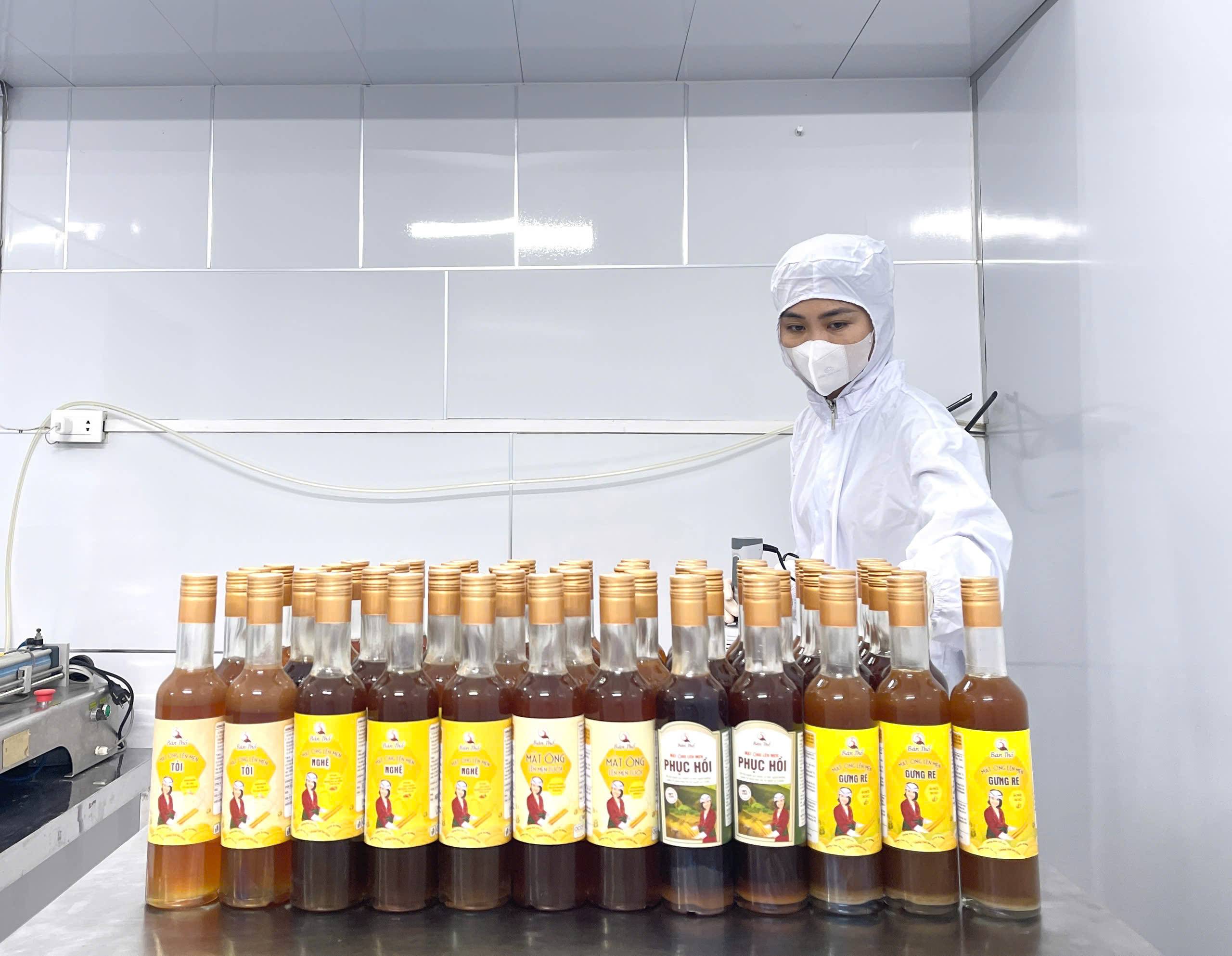 Bà Nguyễn Lê Ngọc Linh và các sản phẩm từ núi rừng của hợp tác xã Bản Thổ.